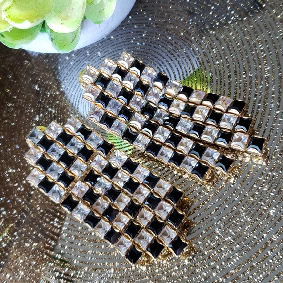 Huge 80's Monet Art Deco Black Clear Glass RS Gold Checker Runway Clip Earrings - Picture 12 of 14